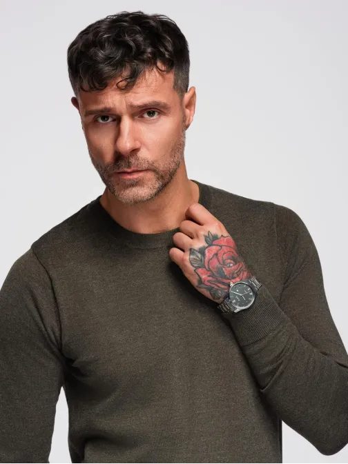 Klasičen olivno zelen pulover z okroglim vratom V17 SWBS-0106