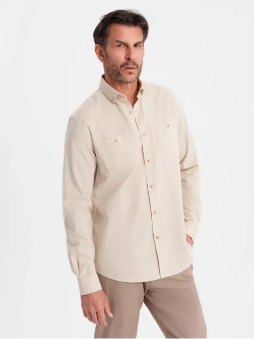 Privlačna moška krem majica z dolgimi rokavi V3 SHCS-0134