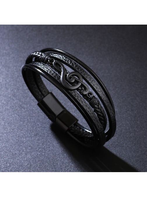 Moška usnjena zapestnica z violinskim ključem - črna