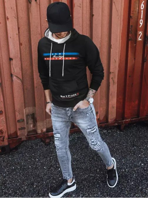 Črn pulover z originalnim potiskom in kapuco