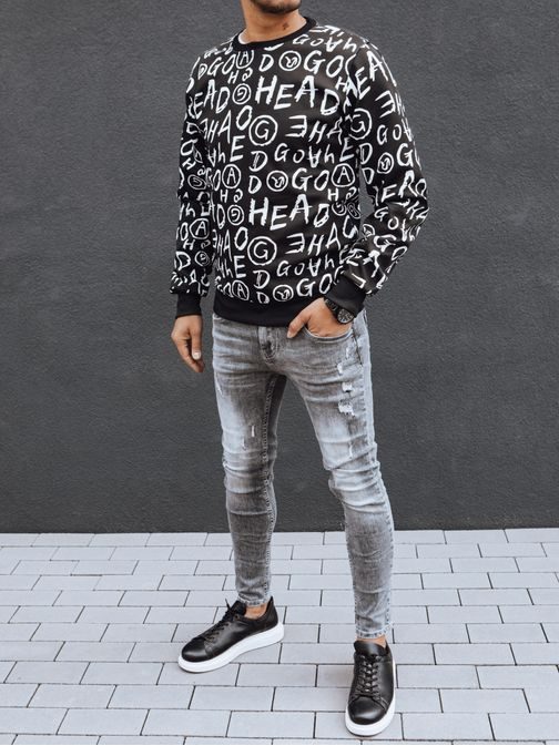 Modni črn pulover s potiskom in brez kapuce