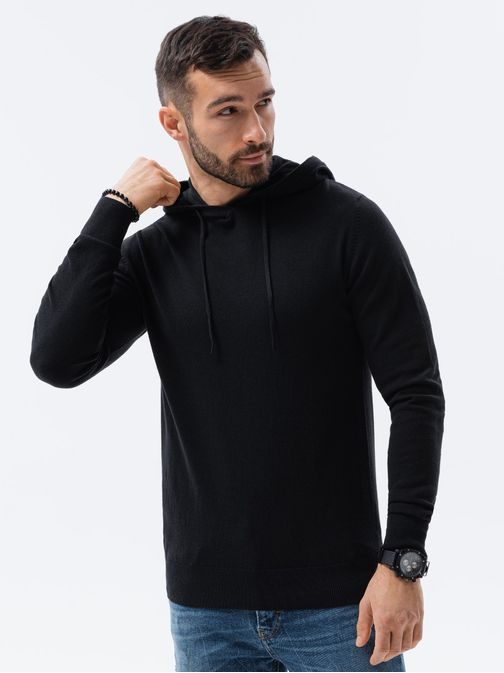 Stilski črn pulover s kapuco E187