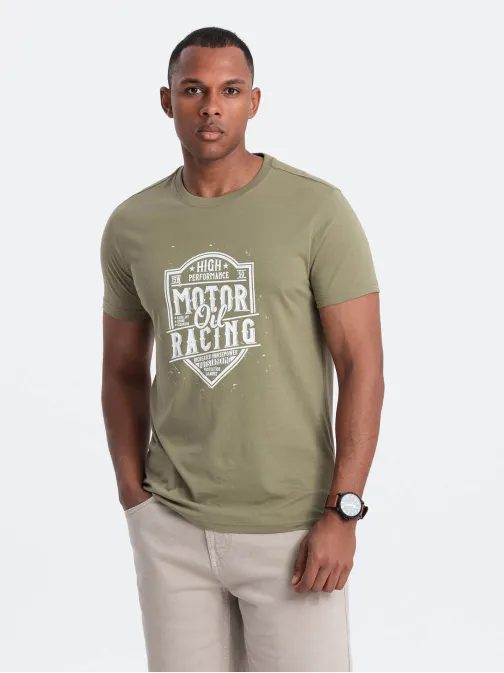 Olivno zelena majica z motorističnim potiskom V2 TSPT-0125