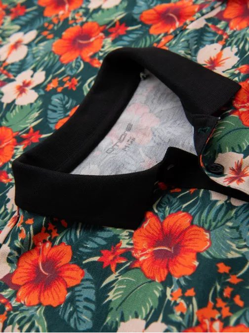 Moška črna polo majica s cvetličnim potiskom V2 POSS-0149