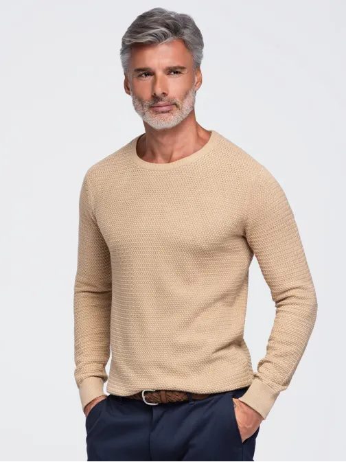 Bež moški pulover iz teksturiranega pletenega materiala V4 SWSW-0119