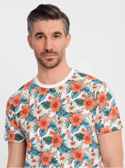 Moška bela majica s cvetličnim potiskom V1 TSFP-0249