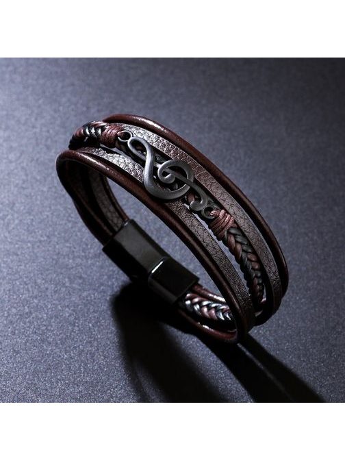 Moška usnjena zapestnica z violinskim ključem - rjava