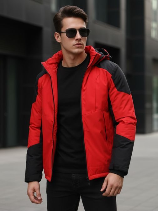 Rdeče-črna zimska bunda s kapuco