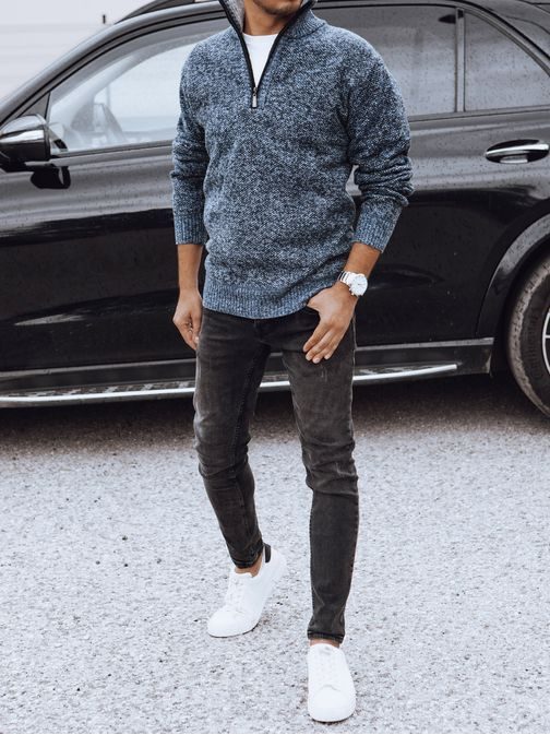 Elegantni moški pulover v modri barvi na zadrgo