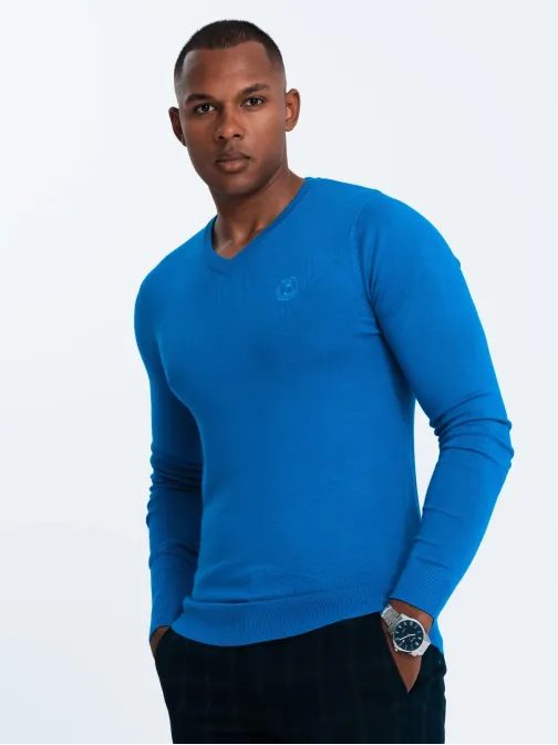 Klasičen moder pulover z V-izrezom V19 SWBS-0107