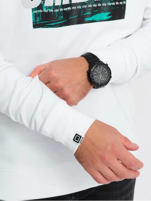 Bel moški pulover z izrazitim napisomV1 SSPS-0156