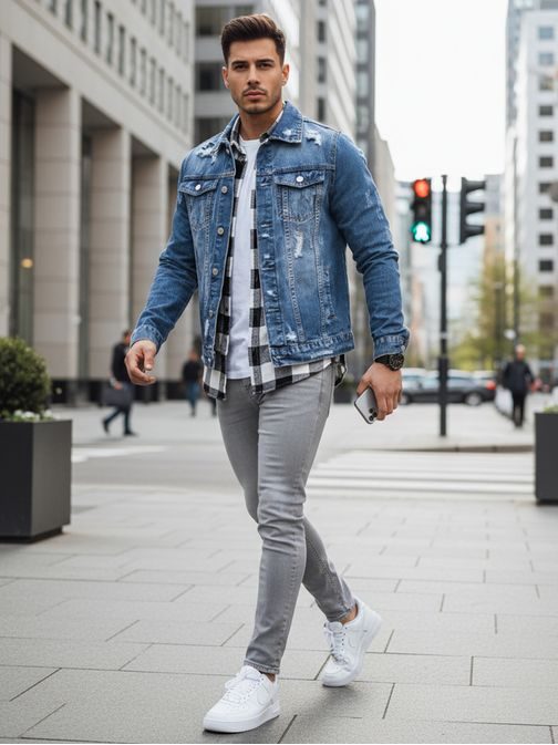 Denim modra jakna z modnimi robovi