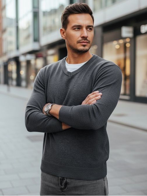 Osnovni grafitni moški pulover z v-izrezom