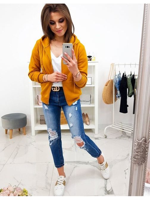 Ženska jopica na zadrgo s kapuco v kamelji barvi