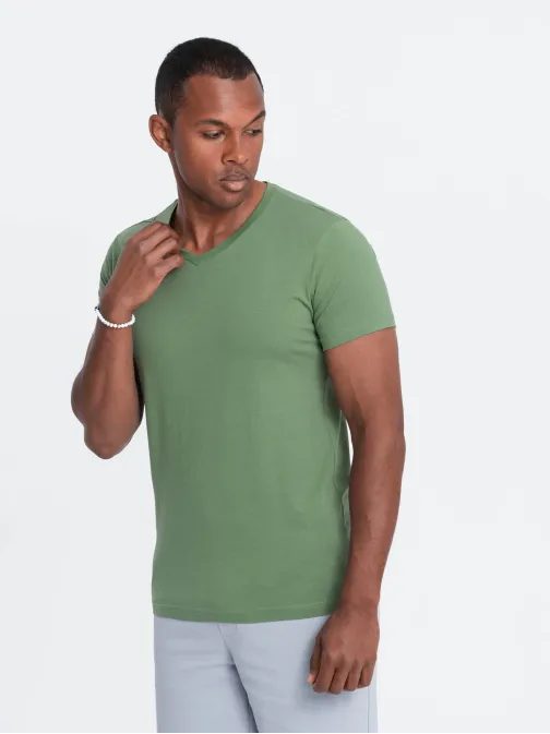 Bombažna moška zelena majica z V-izrezom V10-TSBS-0145