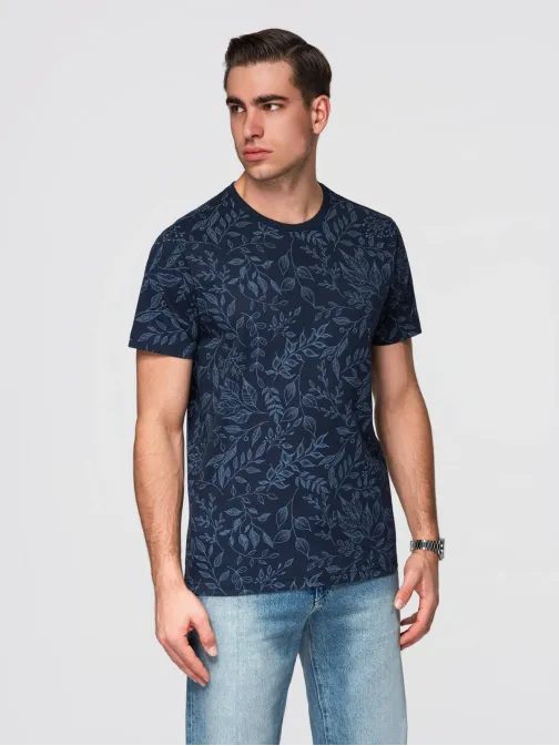 Temno modra moška majica s cvetličnim potiskom V4 TSPT-0262