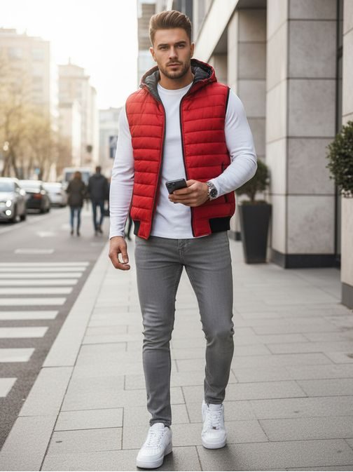 Trendovski telovnik s kapuco v rdeči barvi