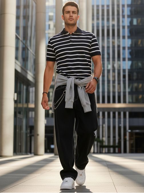 Modna temno modra moška polo majica s črtastim vzorcem