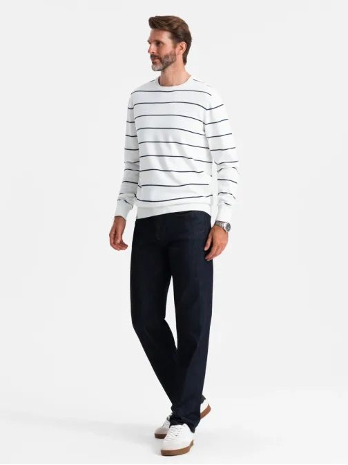 Moški beli pulover s črtami V2 SWSW-0143