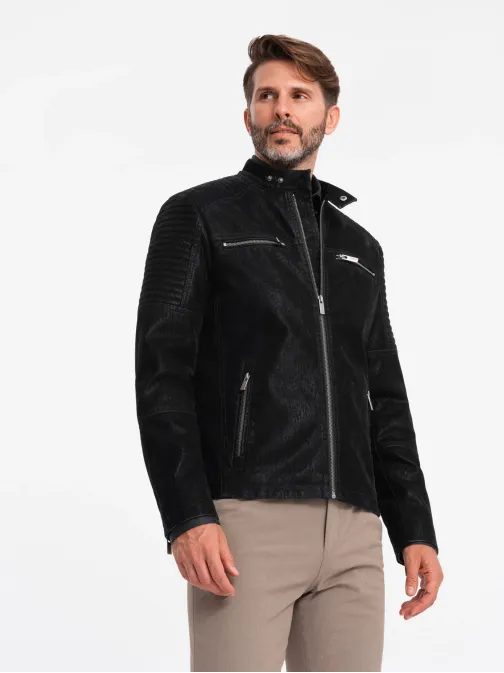 Elegantna črna usnjena motoristična jakna V2 JAFL-0197
