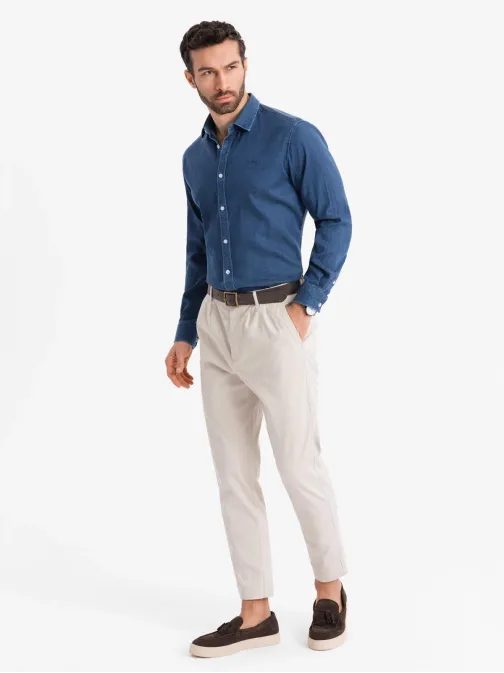 Trendovska temno modra denim srajca z logotipom V1 SHDS-0180