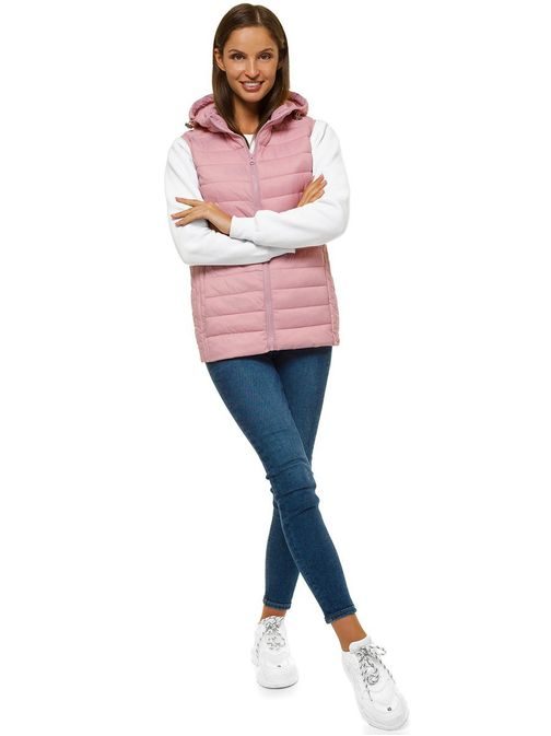 Stilski ženski prešit brezrokavnik s kapuco v pudrasti barvi JS/M23039/354