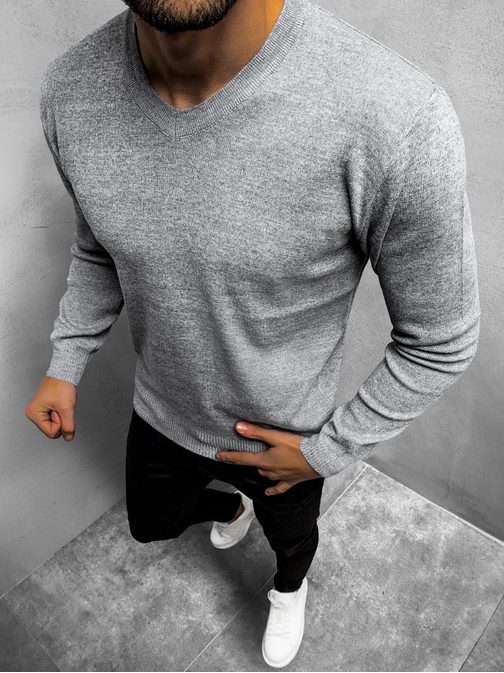 Preprost siv pulover z V-izrezom HR/1816Z