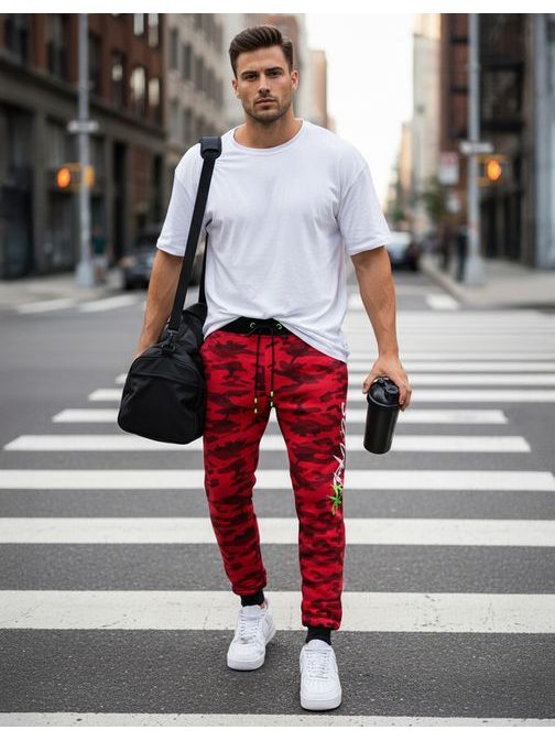 Rdeče maskirne športne hlače s potiskom
