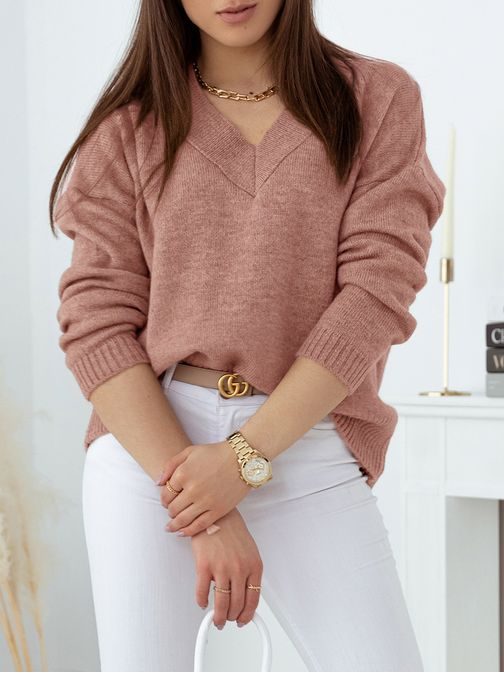 Rožnat ženski pulover Belisa z V-izrezom