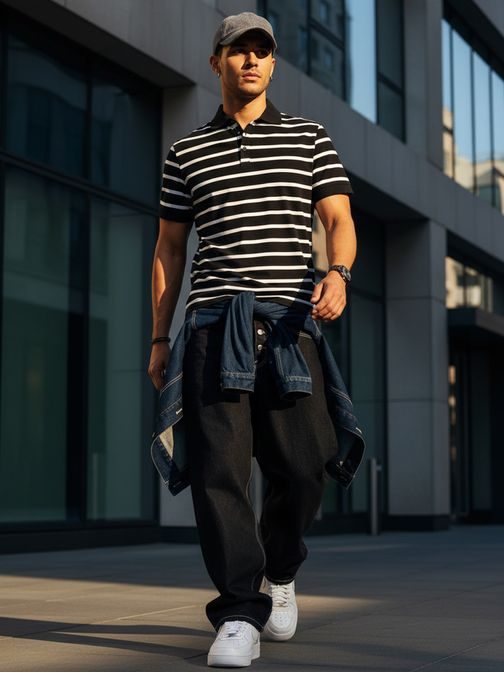 Modna črna moška polo majica s črtastim vzorcem