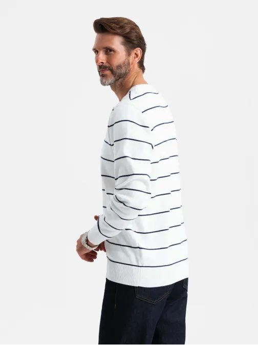 Moški beli pulover s črtami V2 SWSW-0143