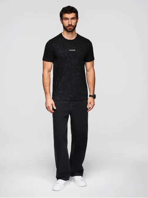 Moška črna majica s cvetličnim potiskom in napisom V1 TSPT-0263