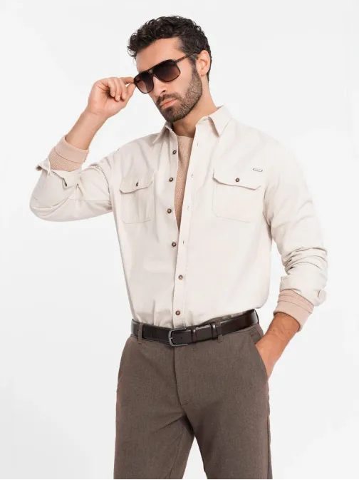 Ležerna krem srajca z žepi na gumbe V1 SHCS-0146