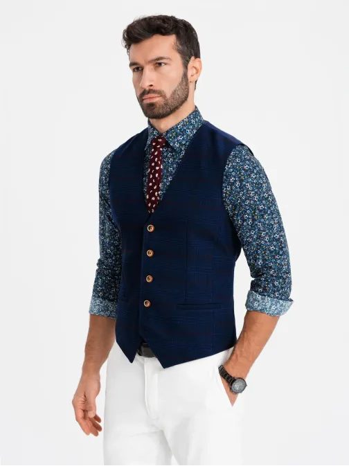 Eleganten temno moder telovnik v karo dizajnu V1 BLZV-0123