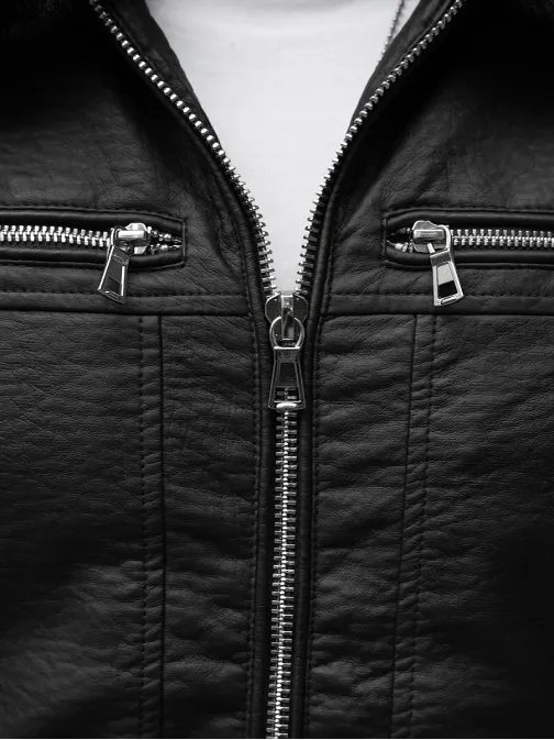 Črna jakna iz umetnega usnja s krznom JS/11Z8013