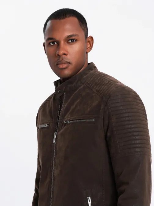 Elegantna rjava usnjena motoristična jakna V1 JAFL-0197