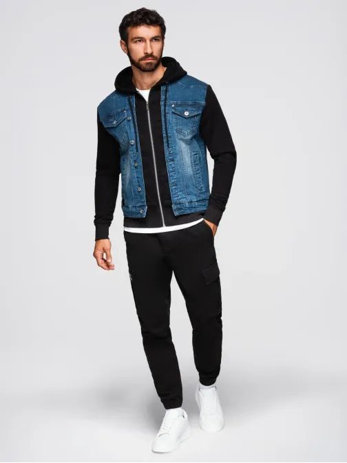 Modra jakna iz džinsa s črnimi pletenimi rokavi V2 JADJ-0220