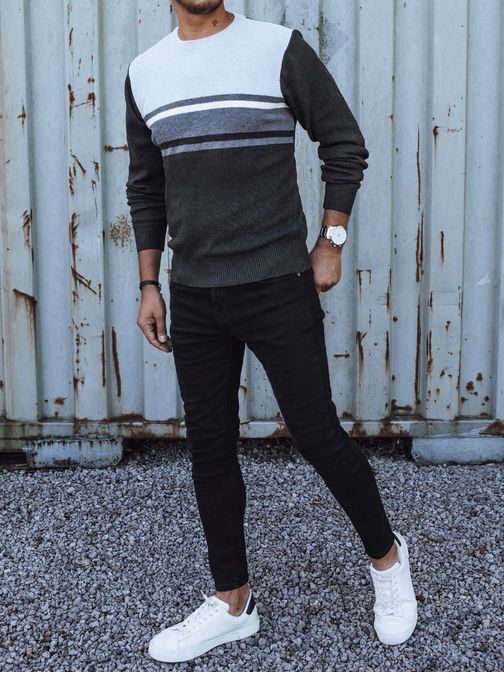 Unikaten beli in siv moški pulover