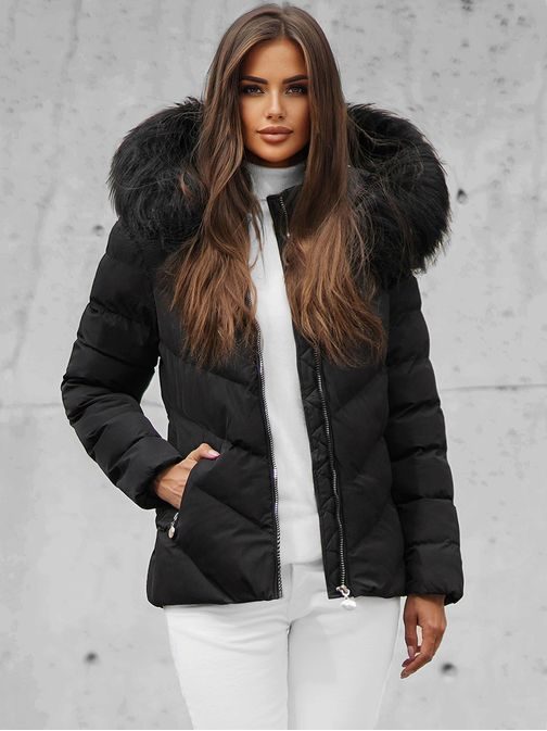 Ženska črna bunda s krznom JS/M727/392Z