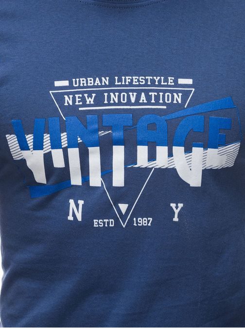 Bombažna modra majica s potiskom Vintage S1587
