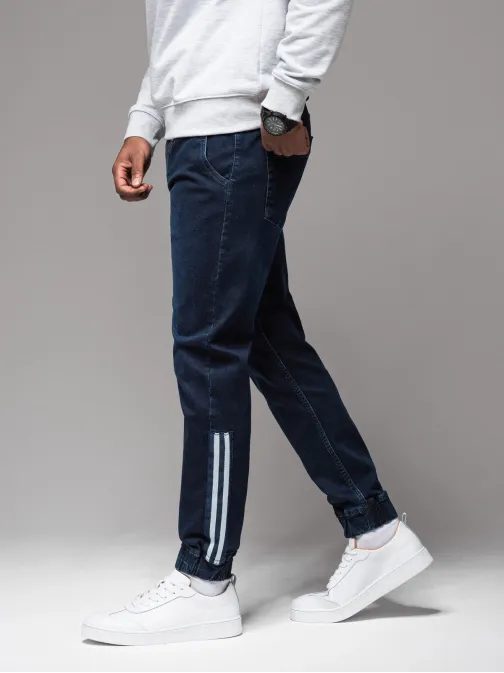 Edinstvene temno modre jeans joggerke s stranskimi črtami PADJ-0156