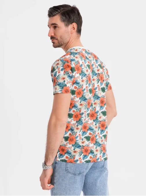 Moška bela majica s cvetličnim potiskom V1 TSFP-0249