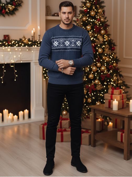 Modni modri pulover z edinstvenim vzorcem