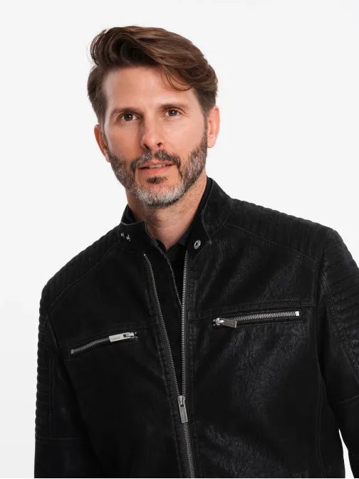 Elegantna črna usnjena motoristična jakna V2 JAFL-0197