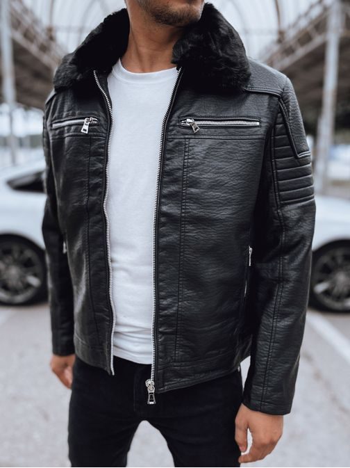 Črna usnjena jakna z izrazitim črnim kožuhom