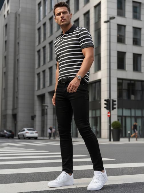 Modna temno siva moška polo majica s črtastim vzorcem