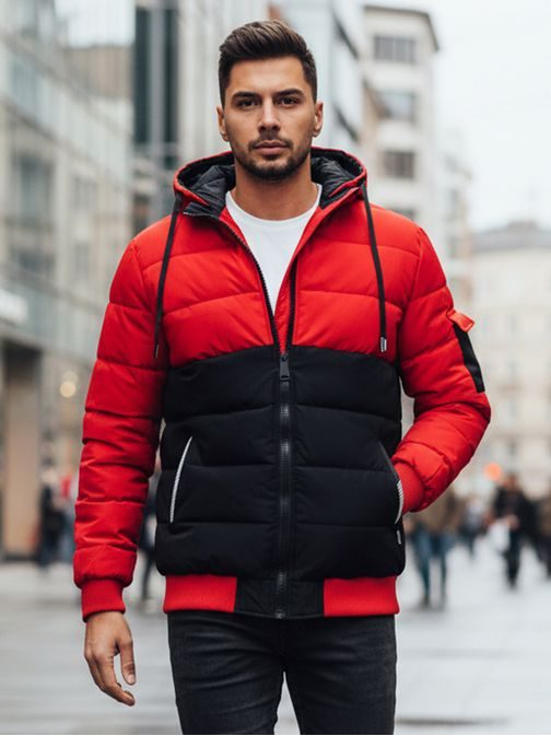 Moška zimska jakna s kapuco v rdeči in črni barvi
