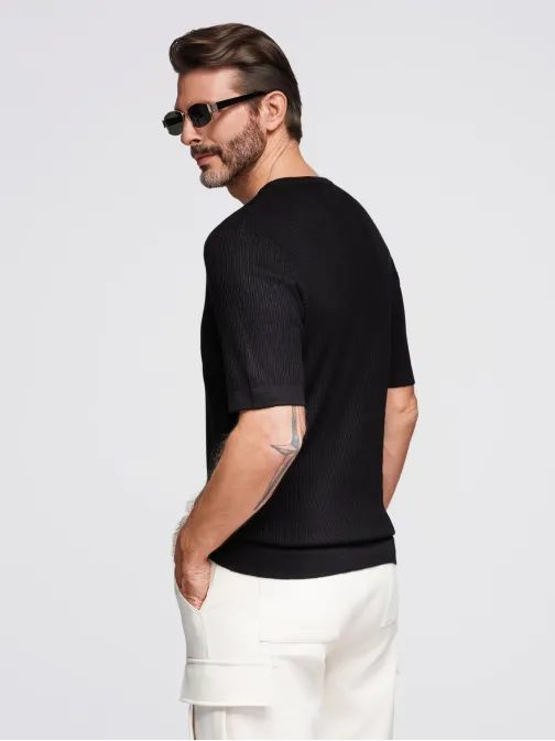 Moška črna pletena majica z gumbi V2 TSCT-0254
