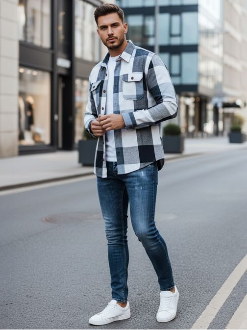 Krašena flanelasta srajca z žepi na prsih v modri barvi