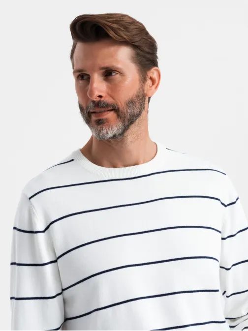 Moški beli pulover s črtami V2 SWSW-0143